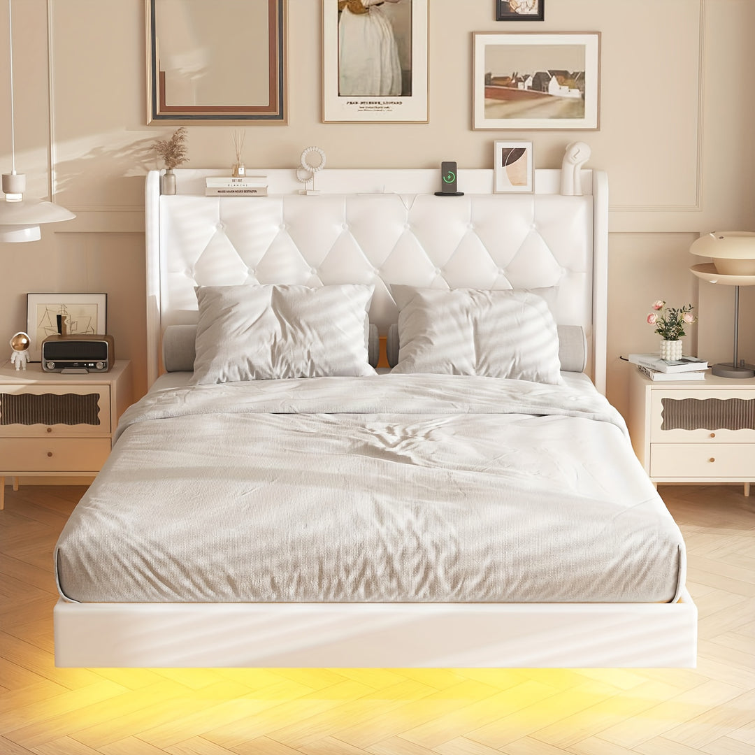 Bed Frame With LED Lights, Upholstered Platform, With Elegant Flowers Headboard, No Box Spring Needed, Noise Free, Easy Assembly, White, Pink Floating Bed Frame With LED Lights