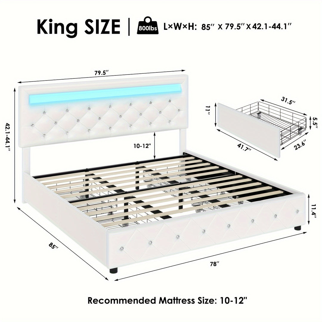 Full/Queen/King Size Upholstered Bed Frame With LED Lights Headboard And 4 Storage Drawers, Platform Bed With Crystal Button Tufted Headboard, No Box Spring Needed, Faux Leather/Velvet Fabric, White/Black/Velvet Beige