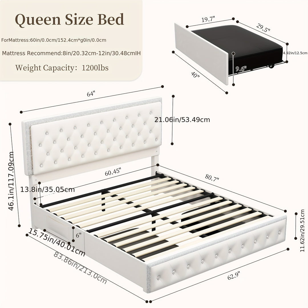 Sibeds Queen Size Upholstered LED Bed Frame With Storage Drawers, King Size Platform Storage Full Bed With Crystal Button Tufted Headboard And Solid Slats Support, Noise Free, No Box Spring Needed, Velvet Luxury Beds Girls Me