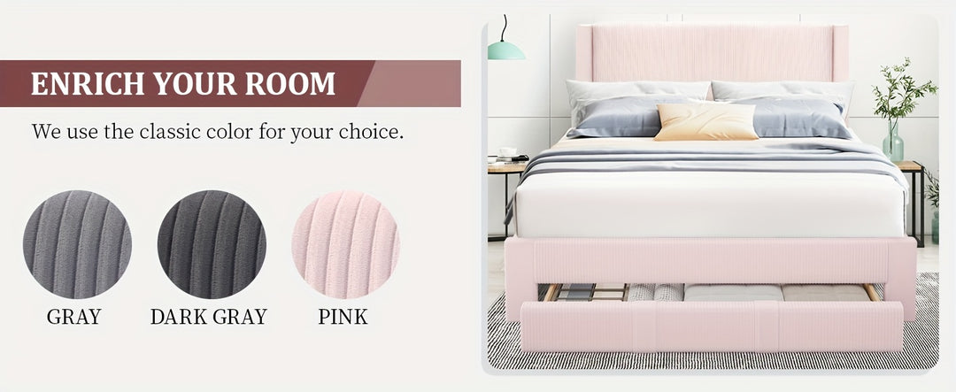 Queen Size Velvet Upholstered Bed Frame with Storage, Wood Platform Bed, 12 Slats, Wheels, Pink, Grey