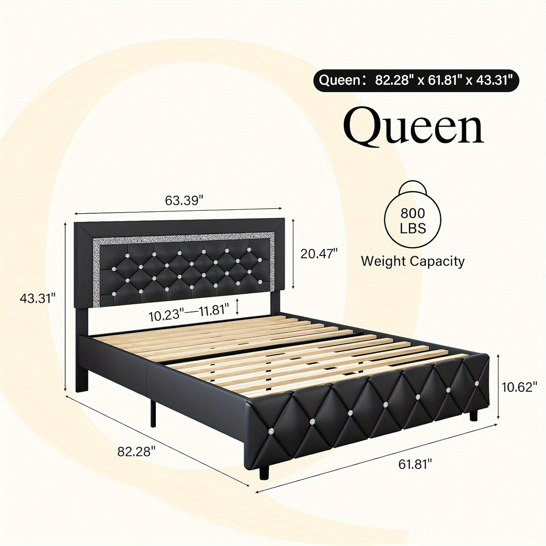 Upholstered Bed Frame  with Diamond Tufted Headboard, Faux Leather Headboard & Footboard, Wooden Slats Support, No Box Spring Needed, Easy Assembly, Black