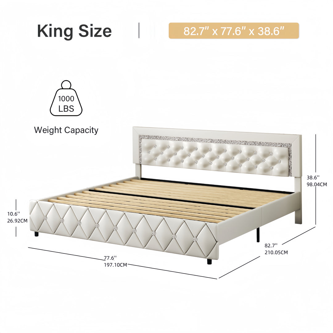 Bed Frame, Upholstered Bed Frame with Diamond Tufted Headboard, Faux Leather Headboard, Easy Assembly, No Box Spring Needed