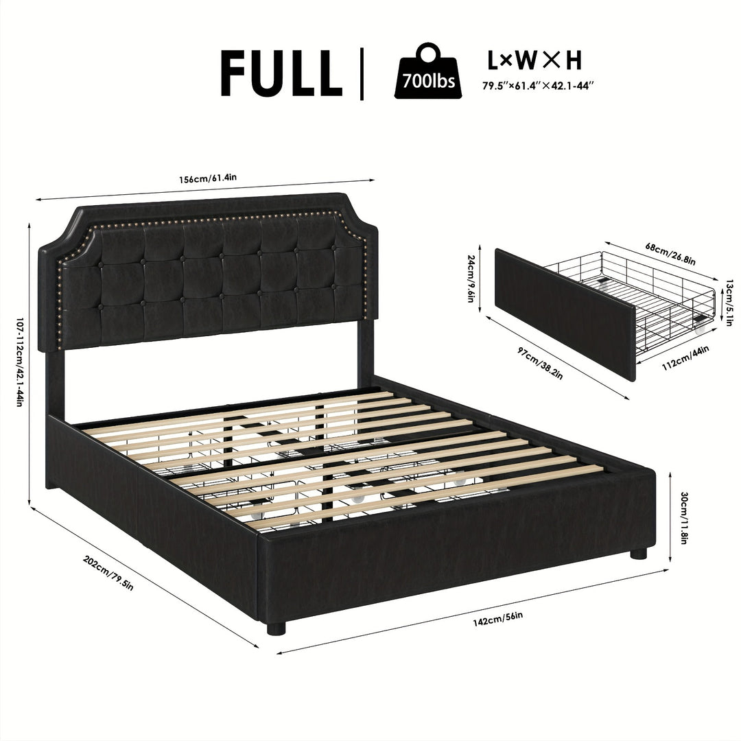 Upholstered Bed Frame with Storage Drawers, Platform Bed with Curved Button Tufted Headboard with Nailhead Trim, Solid Wooden Slats Support, No Box Spring Needed, Beige, White, Black, Full, Queen, King