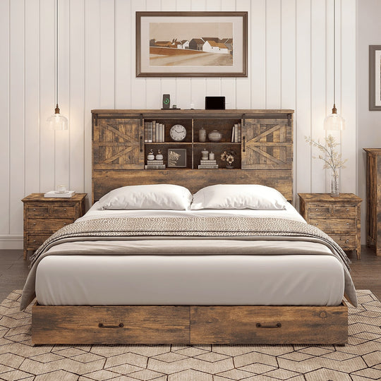 Farmhouse-Style Wooden Platform Bed Frame Boasting a 51.2" Bookcase Headboard, Integrated Storage with a Sliding Barn Door Charging Station and 2 Drawers - No Box Spring Required, Totally Noise-Free