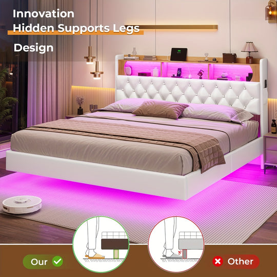 King/ Queen/ Full Floating Bed Frame with Storage Headboard, Leather King Platform Bed with LED Lights & Charging Station, Modern LED Floating Bed, No Box Spring Needed, White