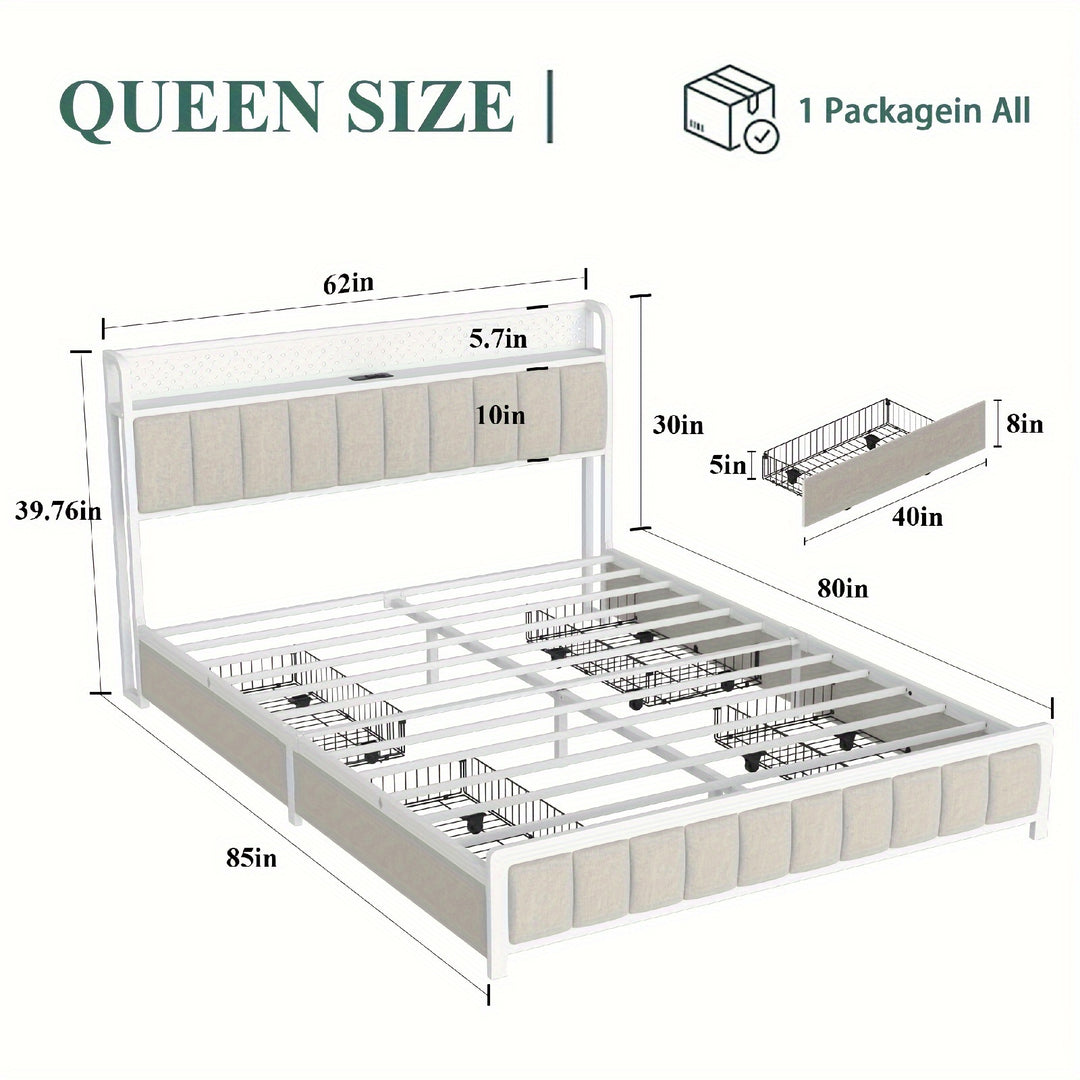 Platform Bed With 4 Drawers, Metal Bed Frame With LED Lights And Charging Station, No Box Spring Needed, (Beige), Noise Free, Easy Assemble