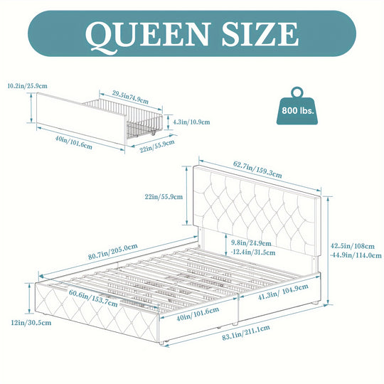 HOOMIC Full/Queen/King Size Platform Storage Bed Frame with 4 Drawers & Adjustable Headboard, Wooden Slats, No Box Spring Needed, Diamond Stitched Button Tufted Design, Noise Free, Easy Assembly