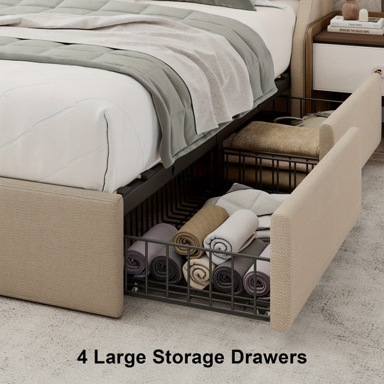 Upholstered Bed Frame with Storage Drawers, Wingback Headboard, Charging Station, No Box Spring Needed