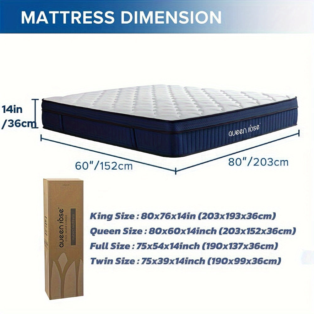 QUEEN ROSE, 12 Inch/14 Inch Hybrid Mattress In A Box With Gel Memory Foam, TWIN/ FULL/ QUEEN/ KING SIZE, Individually Wrapped Pocket Coils Innerspring, Medium Soft