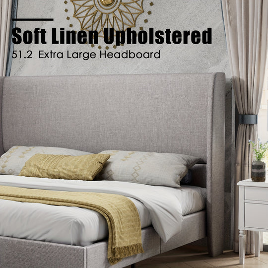 PaPaJet Linen Upholstered Platform Bed Frame with Wingback Headboard, No Box Spring Needed