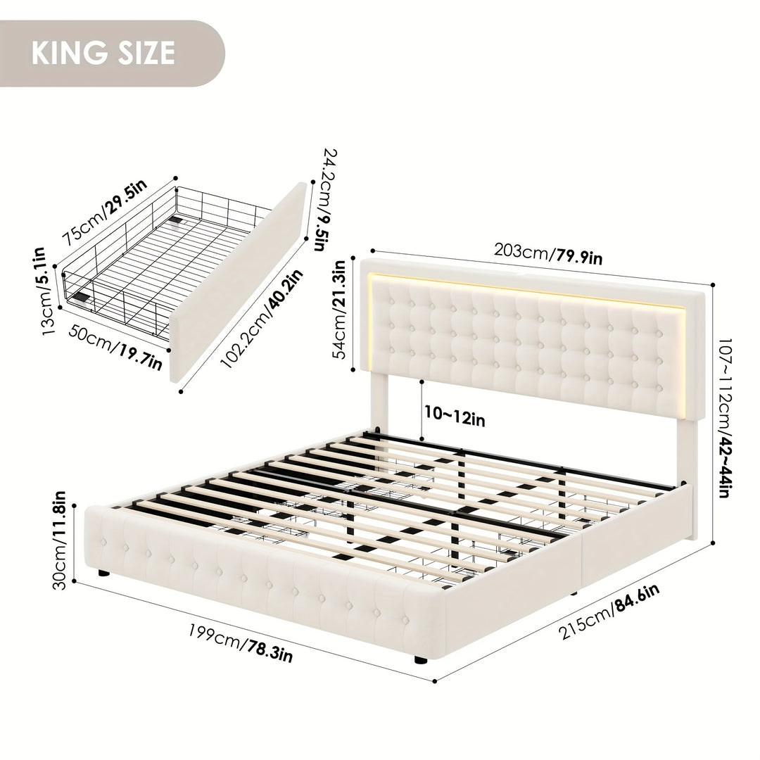 FULTRU LED Bed Frame With USB Ports And 4 Storage Drawers, Velvet Upholstered Platform Bed Frame With Adjustable Button Tufted Headboard, Beige