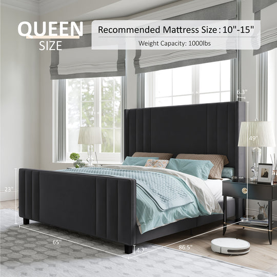 Luxurious Velvet Platform Bed Frames, Vertical Channel Tufted Headboard & Footboard/Wingback, Wood Slats, No Box Spring Required