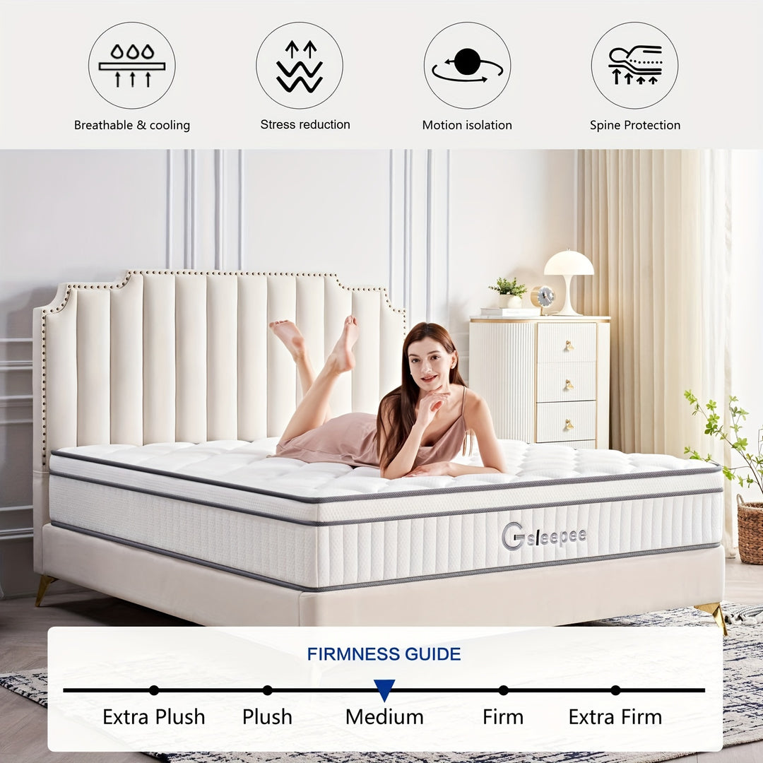 Gsleepee Full/Queen/King Size Mattress, 10inch/12inch Gel Memory Foam Topper Mattress, Individually Inner Spring Hybrid Mattresses, Medium Firm in a Box.