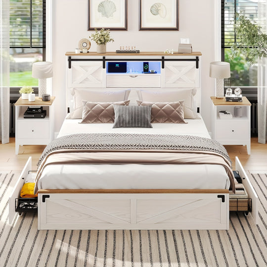 Walnut White Farmhouse Queen Platform Bed with LED Lights, Charging Station & Storage Shelves