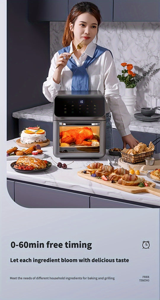 1350W 5D Hot Air 10L Family Air Fryer Oven - Stereoscopic Liner, 3 Modes, 18 Menus, Temp Control, Timer BBQ, Multi-Food, Home & Party, Versatile For Making Fries, Chicken, Steak, Pizza, Cakes Perfect For Home Cooking & Party