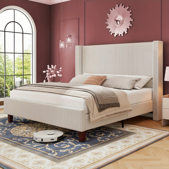 50.8" Upholstered Platform Bed Frame, Corduroy Bed Frame with Wingback Headboard with Solid Wood Legs, No Box Spring Needed