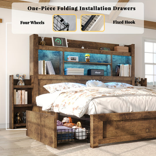 Farmhouse Wooden Bed Frame With 4 Storage Drawers, LED Bed Frame With 49" Tall Bookcase Headboard, Wood Platform Bed With Charging Station & 2 Slide Bedside Shelf