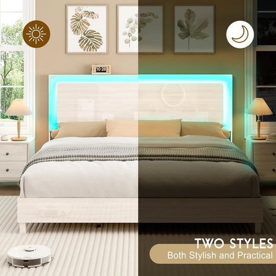 Contemporary Gloss Bed Frame with LED Headboard, Ergonomic Floating Design, Platform Style - No Box Spring Needed, Available in White