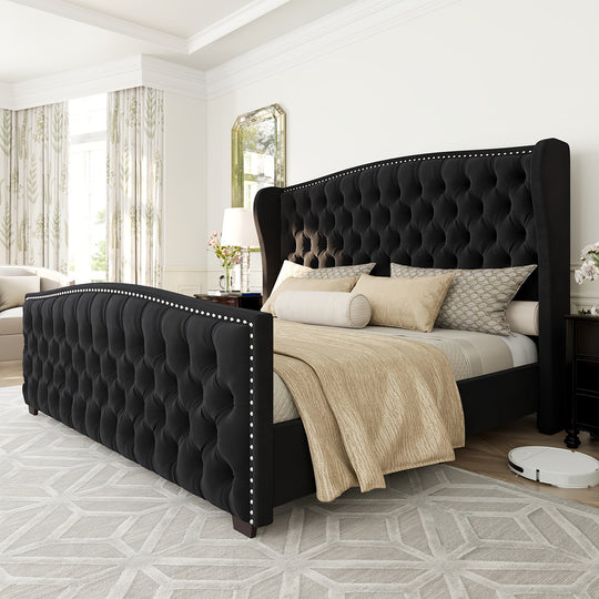 Platform Bed Frame, Velvet Upholstered Bed with Deep Button Tufted & Nailhead Trim Wingback Headboard/No Box Spring Required/