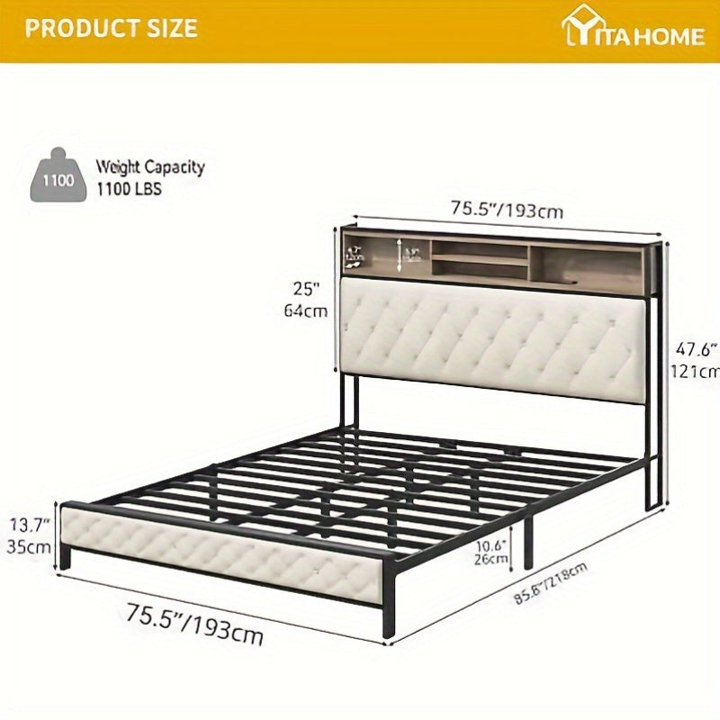 Balconera Elevated King Bed Frame with Built- In Charging, Noise- Reducing Platform Bed with Upholstered Storage Headboard and Footboard, Sturdy Metal Slats, No Box Spring Required (Beige)