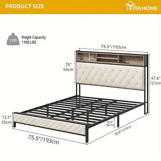 Balconera Elevated King Bed Frame with Built- In Charging, Noise- Reducing Platform Bed with Upholstered Storage Headboard and Footboard, Sturdy Metal Slats, No Box Spring Required (Beige)