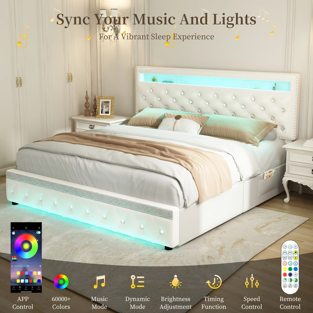 Queen Size Bed Frame With RGB LED Lights, Upholstered Bed Frames Full Size With 2 Storage Drawers, King Size Platform Bed With Adjustable Height Crystal Button Tufted Headboard, No Box Spring Needed, Noise-Free, Easy Assembly