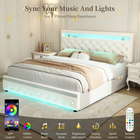 Queen Size Bed Frame With RGB LED Lights, Upholstered Bed Frames Full Size With 2 Storage Drawers, King Size Platform Bed With Adjustable Height Crystal Button Tufted Headboard, No Box Spring Needed, Noise-Free, Easy Assembly