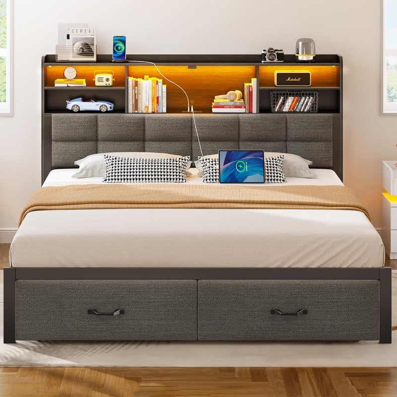 Bed Frame Full/Queen/King Size with Drawers and Charging Station, Upholstered Platform Bed with Storage Headboard and LED Light, Heavy Duty Metal Frame Support, No Box Spring Needed, Noise Free,