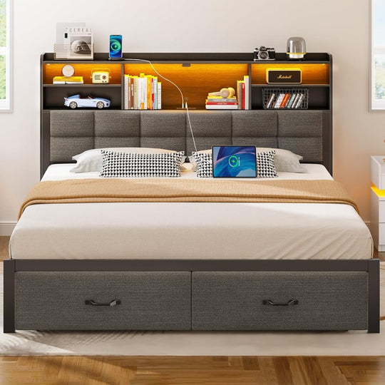 Bed Frame Full/Queen/King Size with Drawers and Charging Station, Upholstered Platform Bed with Storage Headboard and LED Light, Heavy Duty Metal Frame Support, No Box Spring Needed, Noise Free,