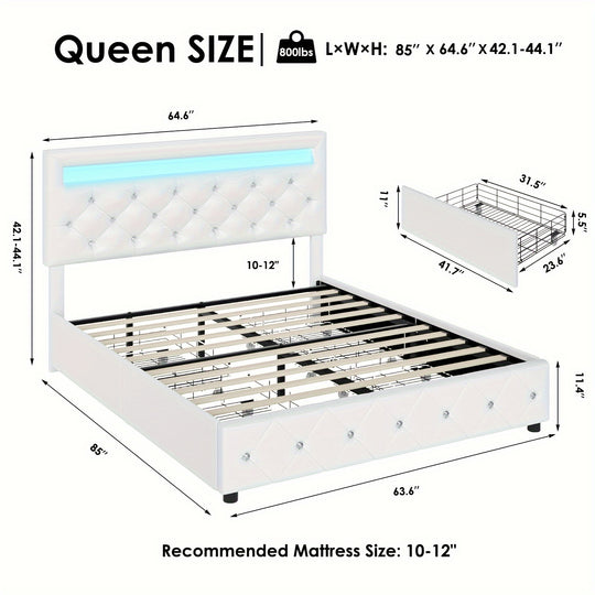 Full/Queen/King Size Upholstered Bed Frame With LED Lights Headboard And 4 Storage Drawers, Platform Bed With Crystal Button Tufted Headboard, No Box Spring Needed, Faux Leather/Velvet Fabric, White/Black/Velvet Beige