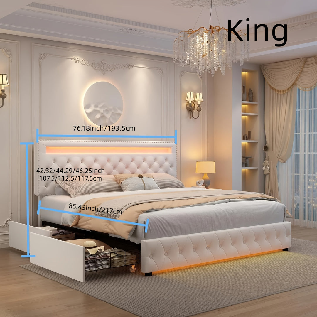 King Led Smart Bed Frame With 4 Storage Drawers, Smart Control RGBW LED Lights Headboard Footboard, Control DIY Color, Box Spring Optional, Girls Bedroom Furniture Luxury Bed Frame Velvet Off-White