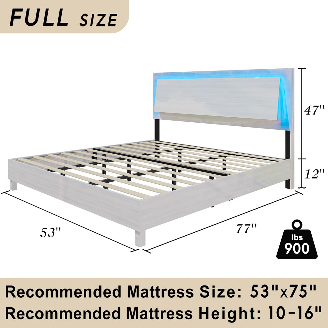 Contemporary Gloss Bed Frame with LED Headboard, Ergonomic Floating Design, Platform Style - No Box Spring Needed, Available in White