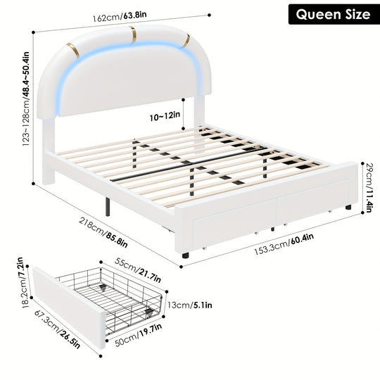 LED Bed Frame with 2 Storage Drawers, Modern Smart Faux Leather Upholstered Platform Bed Frame with Adjustable Semicircle Headboard