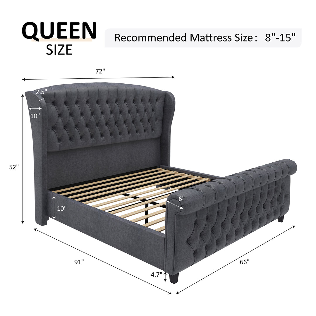 Luxurious Chenille-Upholstered Platform Bed Frame Collection: Ornamented with Scroll-Patterned Wingback Headboard & Matching Footboard, Button-Tufted Finishes, Box Spring-Free Configuration