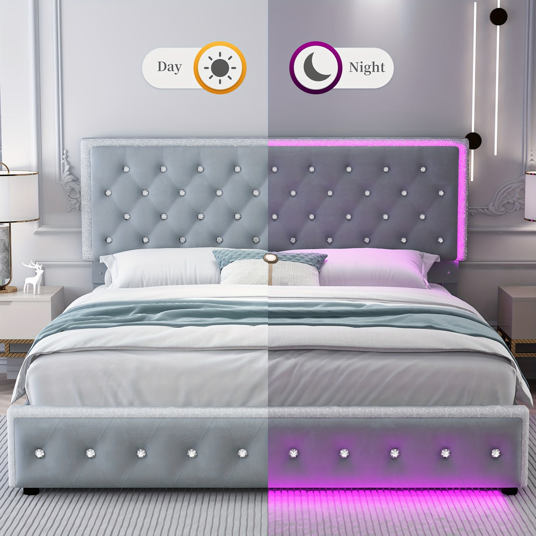 Sibeds Queen Size Upholstered LED Bed Frame With Storage Drawers, King Size Platform Storage Full Bed With Crystal Button Tufted Headboard And Solid Slats Support, Noise Free, No Box Spring Needed, Velvet Luxury Beds Girls Me