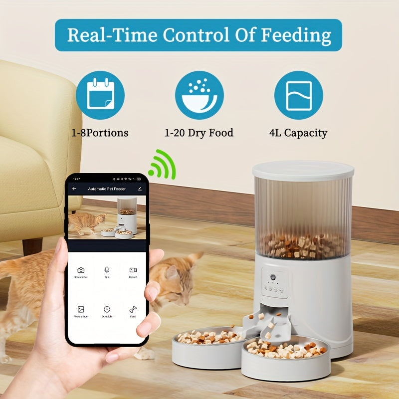 HD Camera Intelligent Pet Automatic Feeder with APP Control, Timed Feeding, Remote Voice & Video Interaction, Feeding Record Tracking, and Real-Time Updates