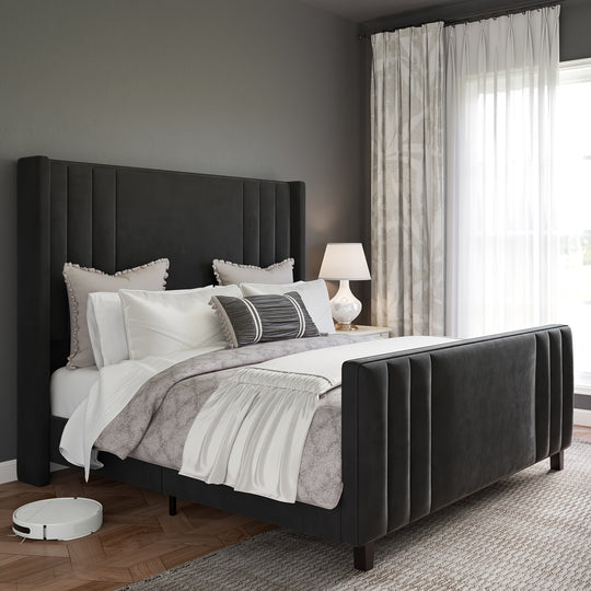 Luxurious Velvet Platform Bed Frames, Vertical Channel Tufted Headboard & Footboard/Wingback, Wood Slats, No Box Spring Required