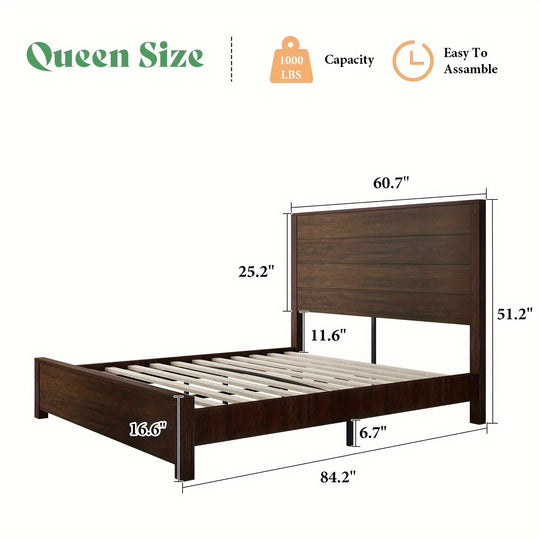 Rustic Solid Wood Platform Bed Frame With Spliced Headboard, Noise-Free Slat Support, No Box Spring Needed