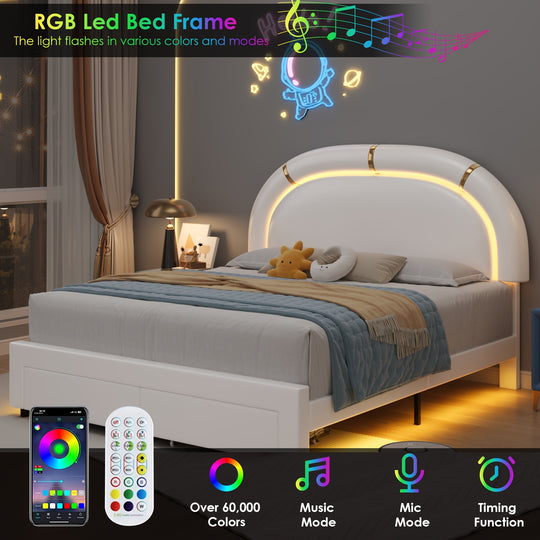 LED Bed Frame with 2 Storage Drawers, Modern Smart Faux Leather Upholstered Platform Bed Frame with Adjustable Semicircle Headboard