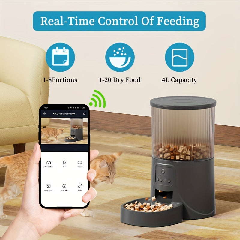 1.06gal Smart Pet Feeder with Camera, HD Video Recording, Multi-Phone Control, Two-Way Audio, WiFi, Dog Automatic Feeder with App Control and Timer, Battery/USB Powered, 36V or Below, No Battery Included