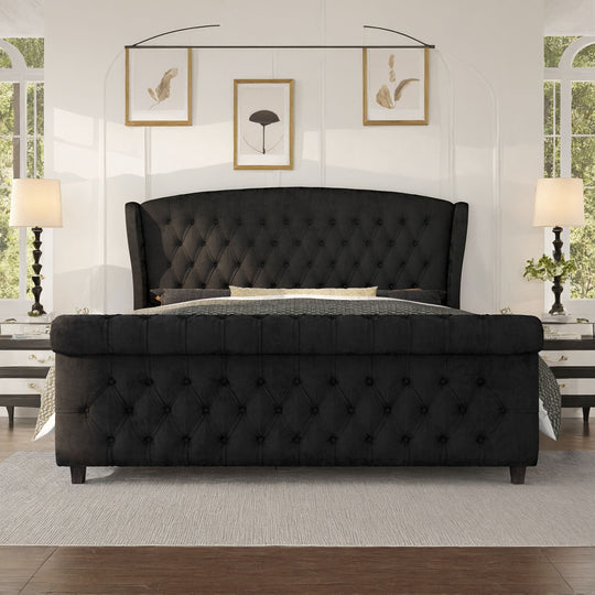 Luxurious Chenille-Upholstered Platform Bed Frame Collection: Ornamented with Scroll-Patterned Wingback Headboard & Matching Footboard, Button-Tufted Finishes, Box Spring-Free Configuration