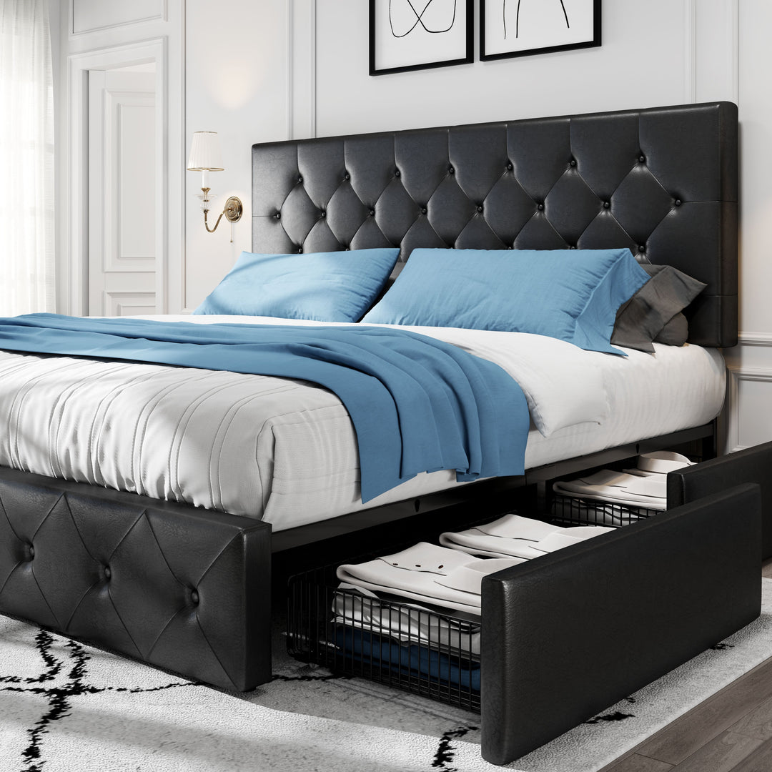 HOOMIC Full/Queen/King Size Platform Storage Bed Frame with 4 Drawers & Adjustable Headboard, Wooden Slats, No Box Spring Needed, Diamond Stitched Button Tufted Design, Noise Free, Easy Assembly