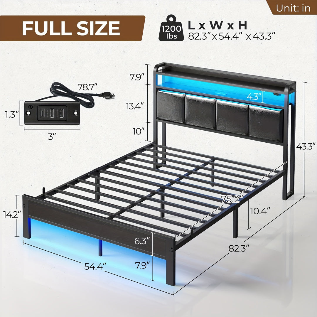 Twin/Full/King/Queen Size Bed Frame Avaliable, Bed Frame With Charging Station And Storage Headboard, Upholstered Bed With Heavy Duty Wood Slats, No Box Spring Needed, Noise Free, Easy Assembly