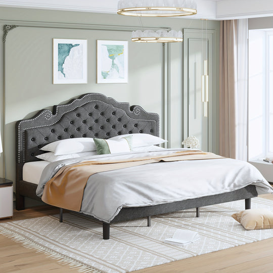 WEEWAY Upholstered Bed Frame, Adjustable Curved Headboard, High Resilience, Diamond Tufted