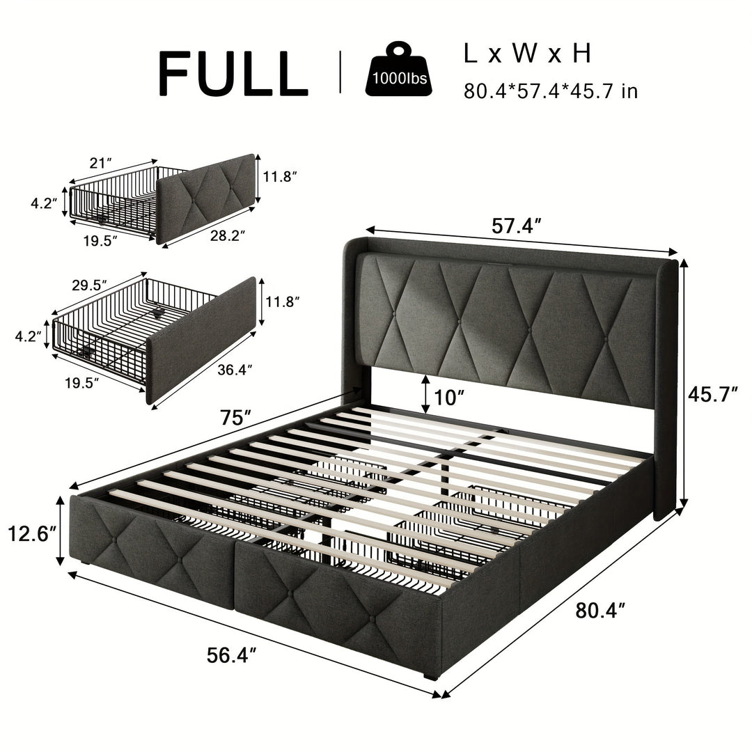 Full Size Bed Frame with 4 Drawers, Storage Headboard with Fast Charging Station, Upholstered Button Tufted Platform Beds, Wood Slats, Noise-Free, No Box Spring Needed, Dark Grey