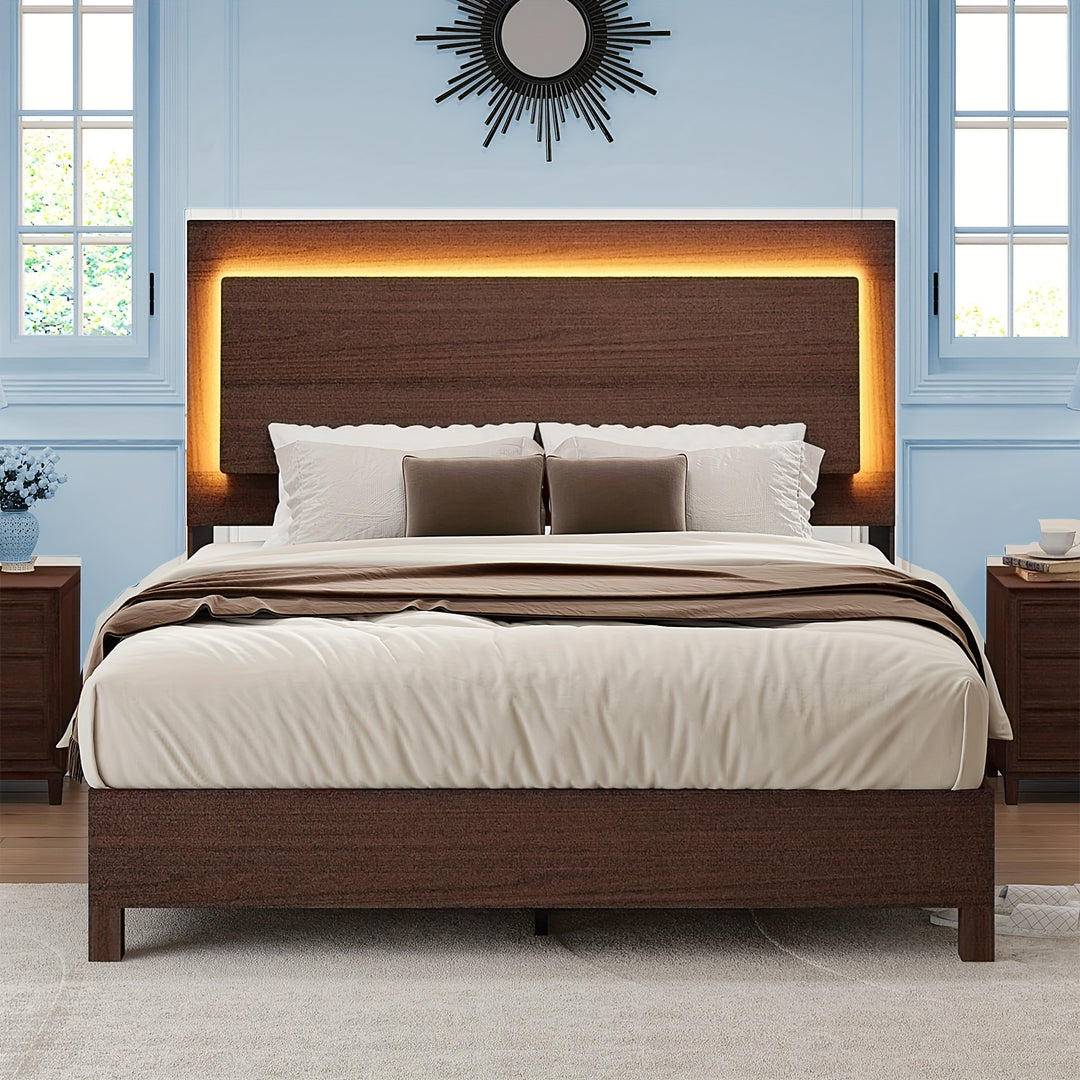 Farmhouse Wood Bed Frame with 47" Headboard, Rustic Platform Bed with LED Lights, Bed Frames Features Wood Grain, with Wooden Slats Support, No Box Spring Needed