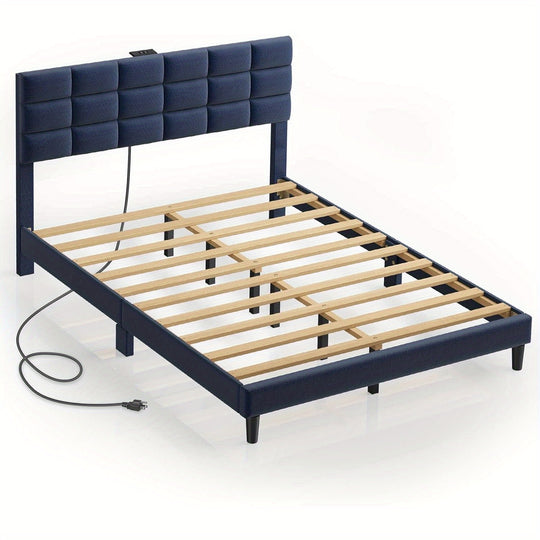 Twin/Full/King/Queen Size Bed Frame Avaliable, Bed Frame With Charging Station And Storage Headboard, Upholstered Bed With Heavy Duty Wood Slats, No Box Spring Needed, Noise Free, Easy Assembly