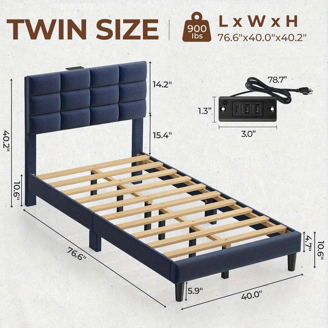 Twin/Full/King/Queen Size Bed Frame Avaliable, Bed Frame With Charging Station And Storage Headboard, Upholstered Bed With Heavy Duty Wood Slats, No Box Spring Needed, Noise Free, Easy Assembly