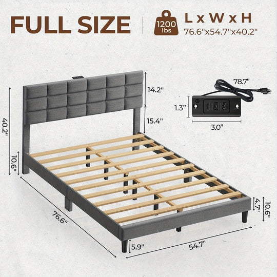 Twin/Full/King/Queen Size Bed Frame Avaliable, Bed Frame With Charging Station And Storage Headboard, Upholstered Bed With Heavy Duty Wood Slats, No Box Spring Needed, Noise Free, Easy Assembly