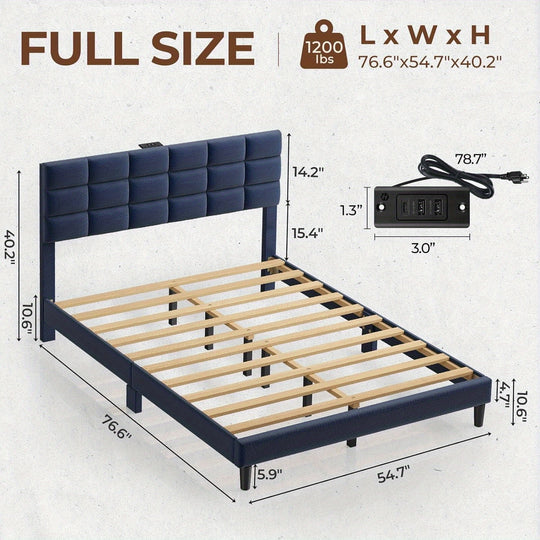 Twin/Full/King/Queen Size Bed Frame Avaliable, Bed Frame With Charging Station And Storage Headboard, Upholstered Bed With Heavy Duty Wood Slats, No Box Spring Needed, Noise Free, Easy Assembly